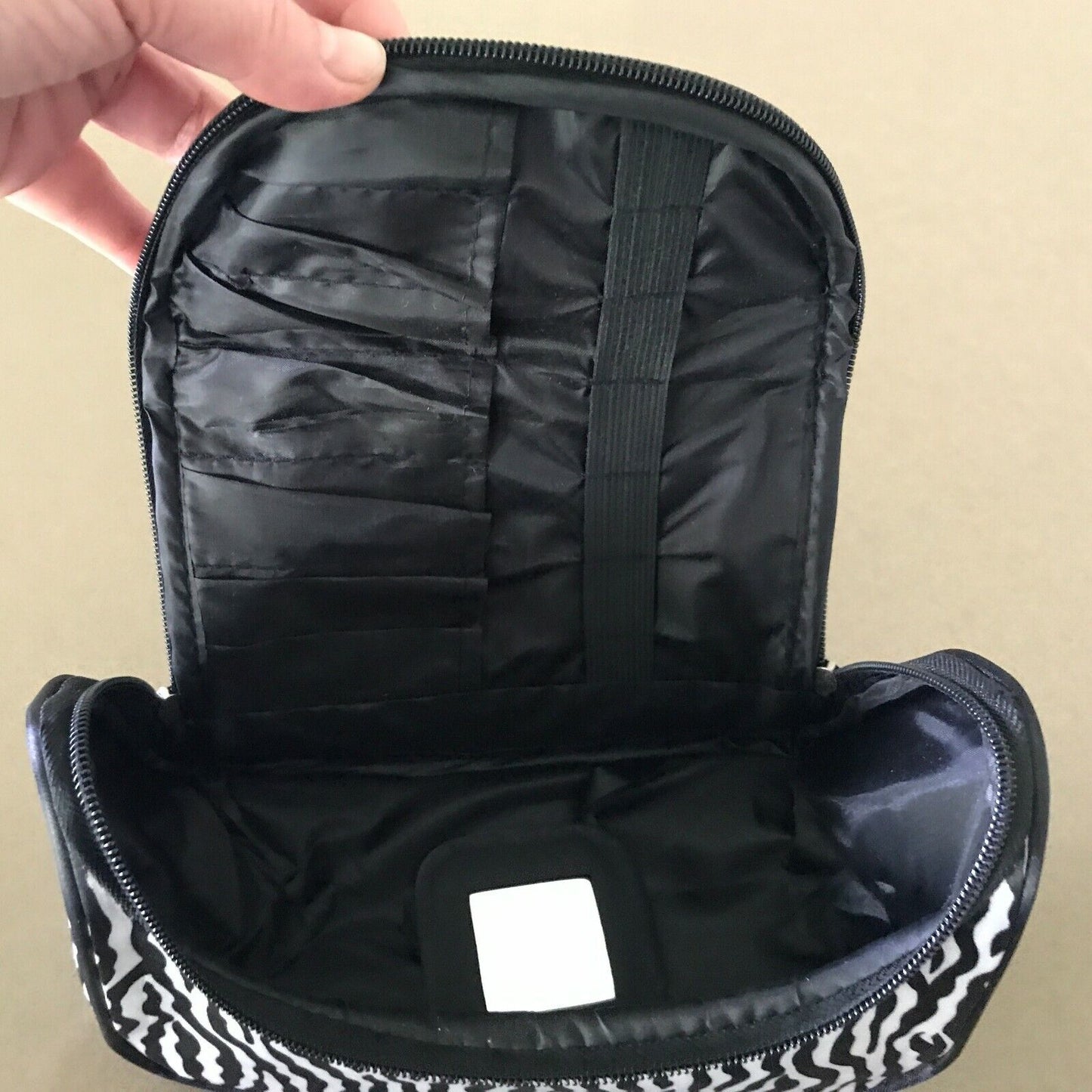 Makeup Bag Wet Pack Black & White Zebra PVC Fabric w Handle & Small Mirror NEW