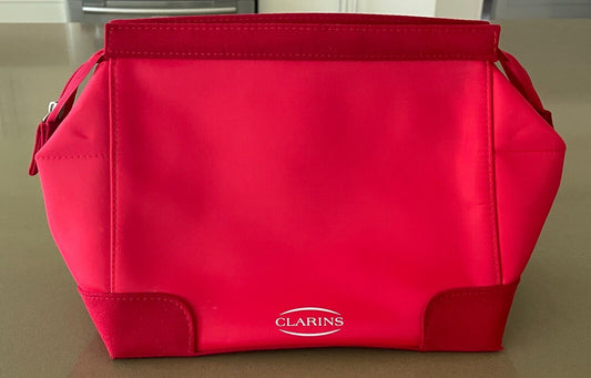 Makeup Bag CLARINS Red Fabric Large Size Zip Top Cosmetics Skin Care Travel NEW