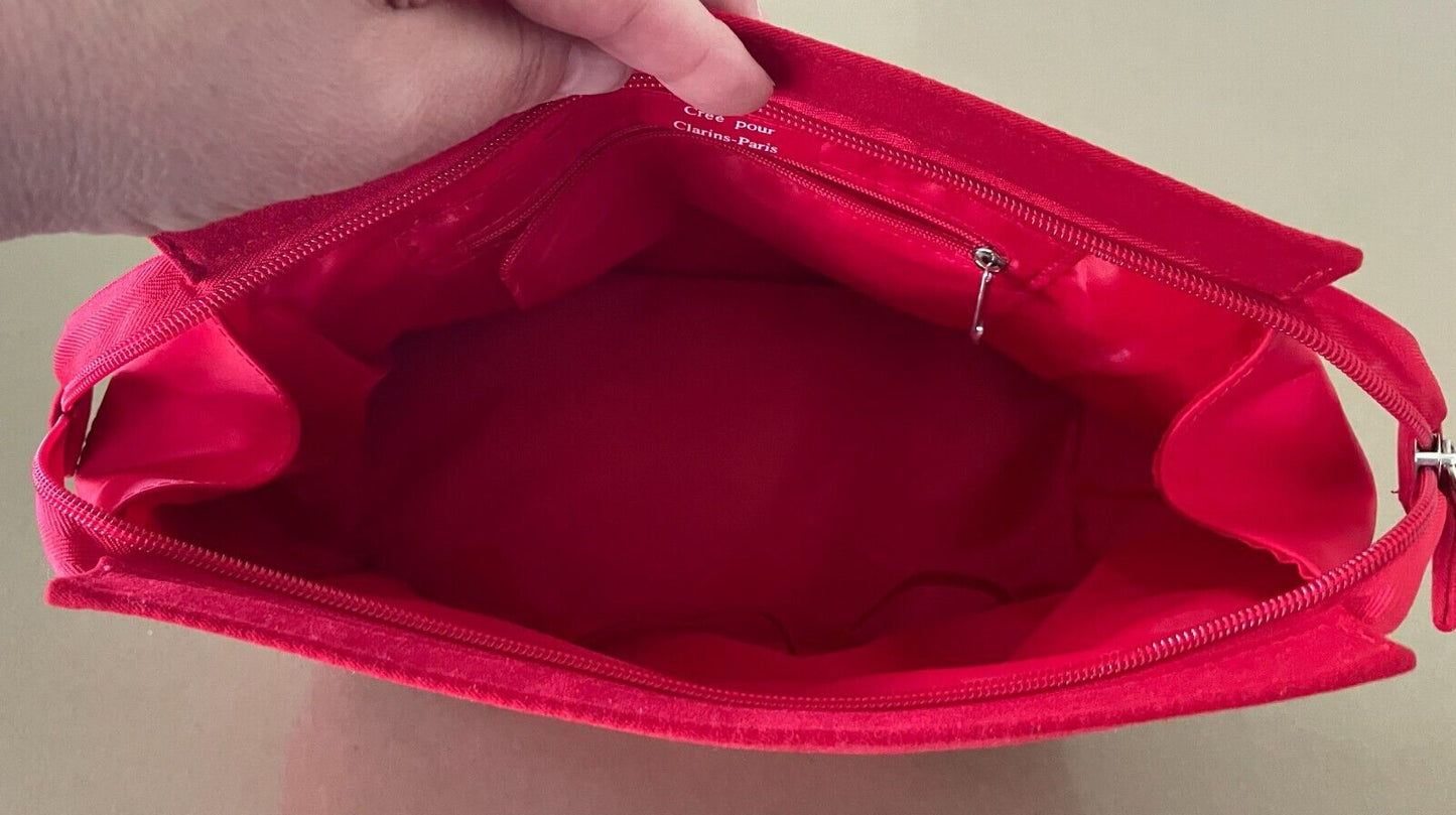 Makeup Bag CLARINS Red Fabric Large Size Zip Top Cosmetics Skin Care Travel NEW