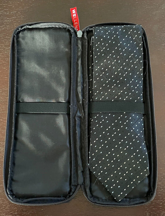 WE MEN Neck Tie w Zip Bag Black Grey Light Blue Print Storage TRAVEL Case