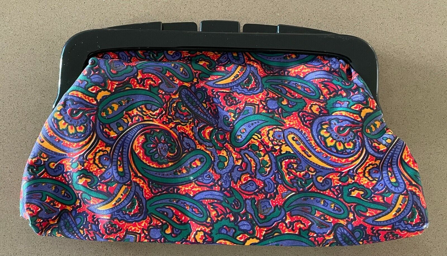 Coin PURSE Vintage 1980's Bright Colour Paisley Print Plastic Clasp Close Makeup