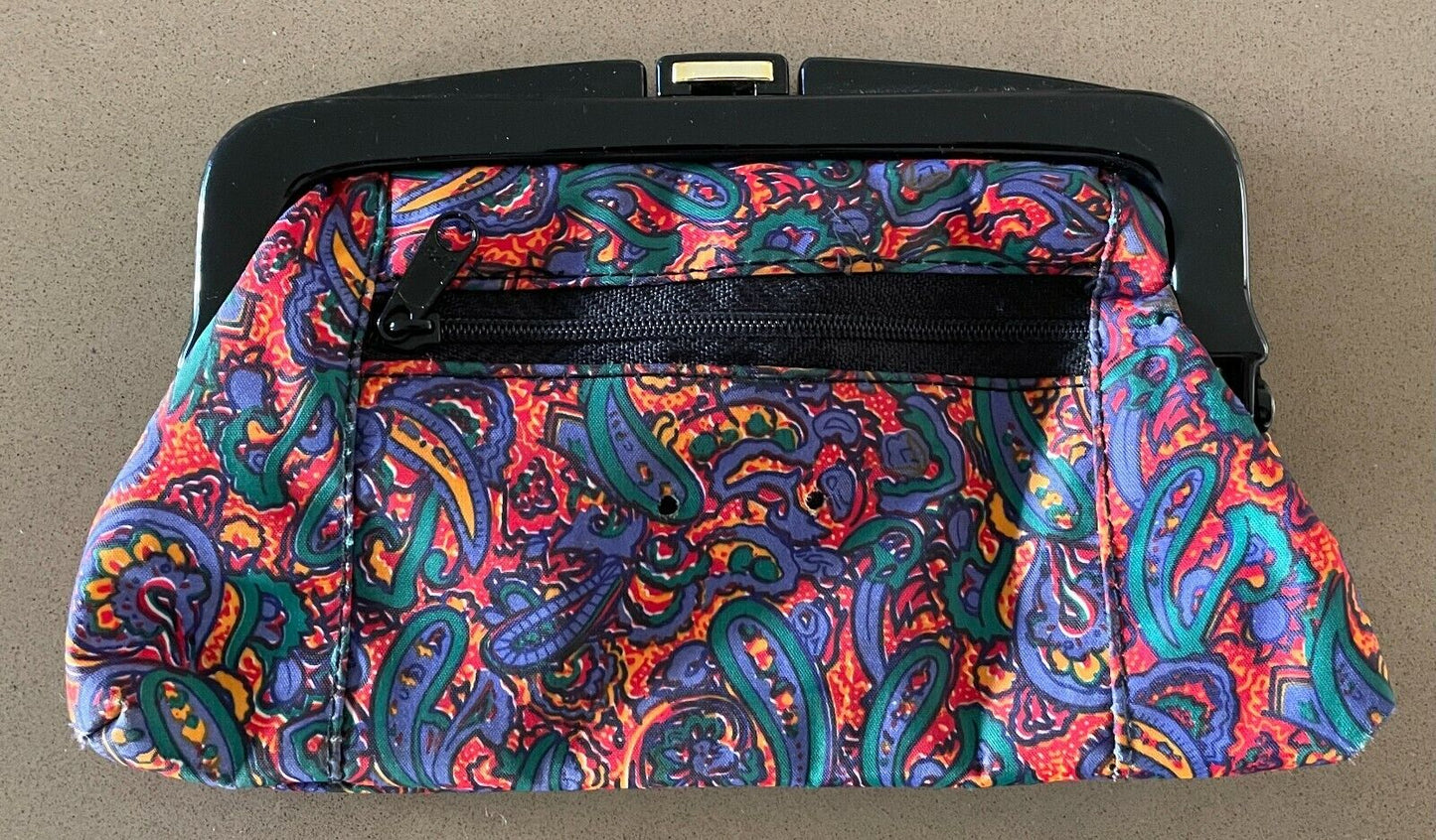 Coin PURSE Vintage 1980's Bright Colour Paisley Print Plastic Clasp Close Makeup