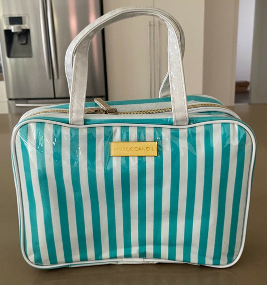Makeup Bag MOROCCAN OIL Green & White Stripe Zip Around  PVC Travel Cosmetic NEW