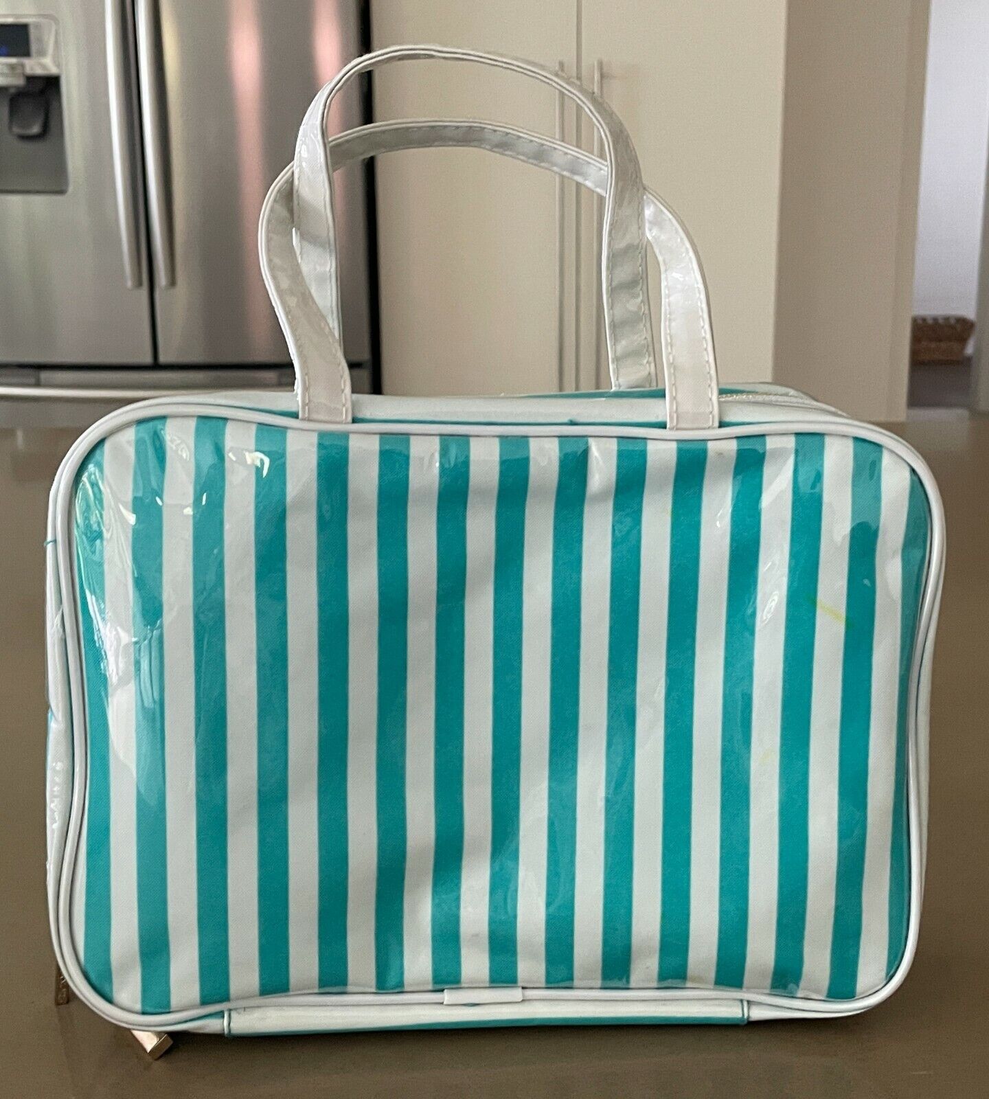 Makeup Bag MOROCCAN OIL Green & White Stripe Zip Around  PVC Travel Cosmetic NEW