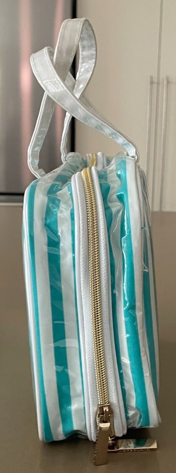 Makeup Bag MOROCCAN OIL Green & White Stripe Zip Around  PVC Travel Cosmetic NEW