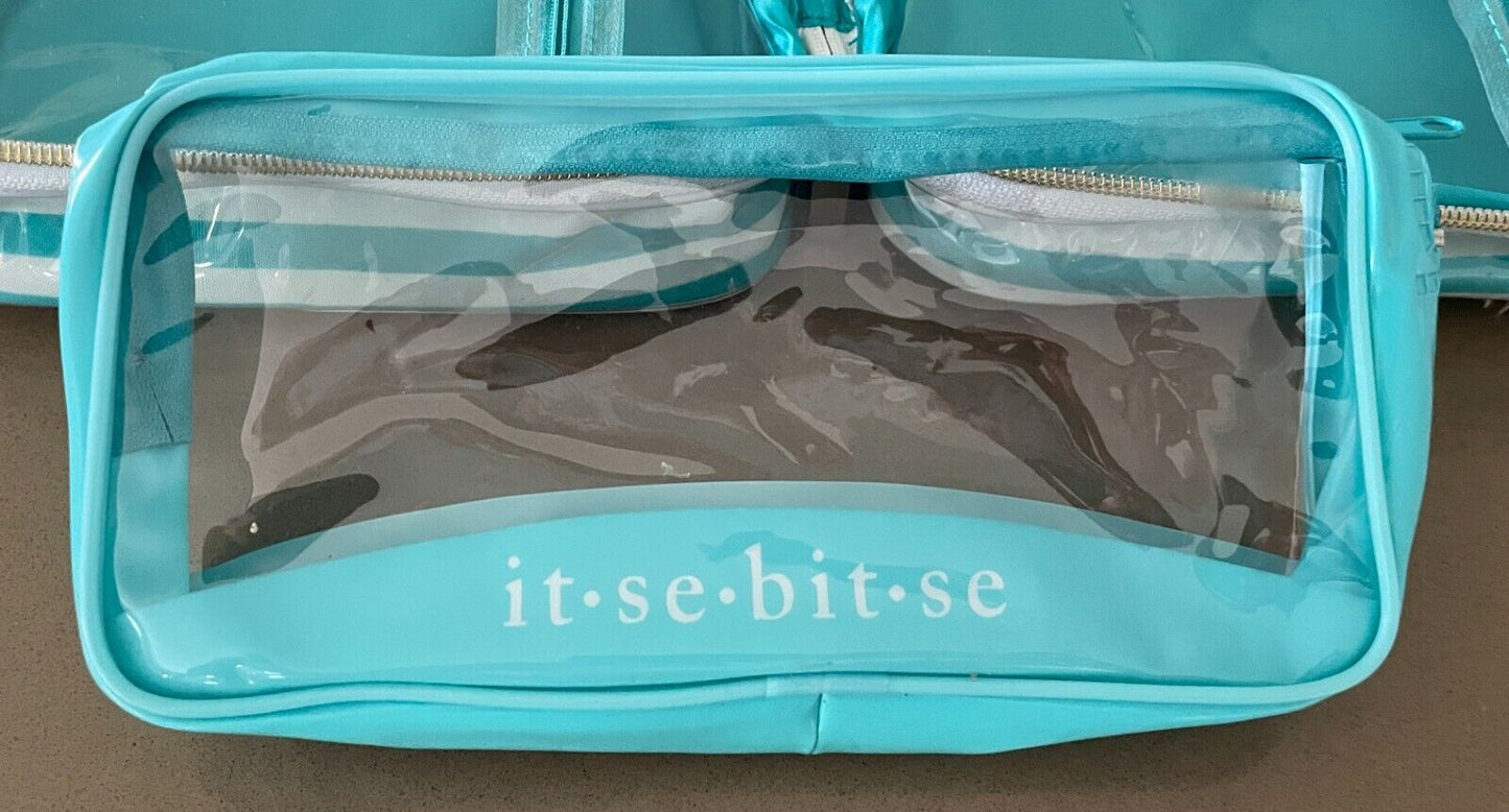 Makeup Bag MOROCCAN OIL Green & White Stripe Zip Around  PVC Travel Cosmetic NEW