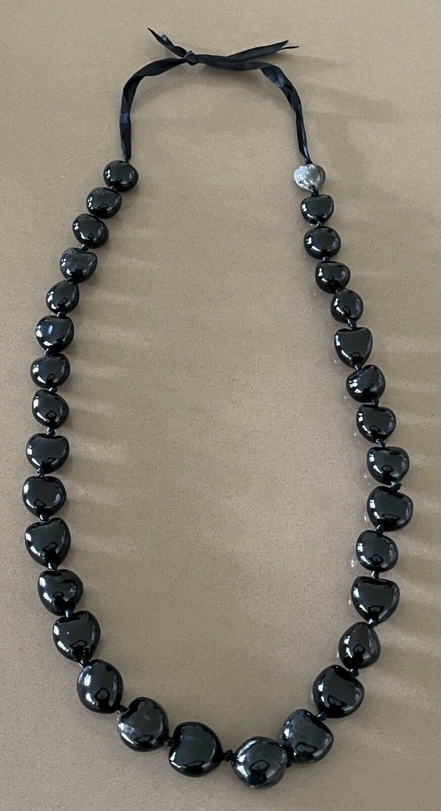 NECKLACE Black Tone Irregular Size Bead & Satin Ribbon Tie Statement
