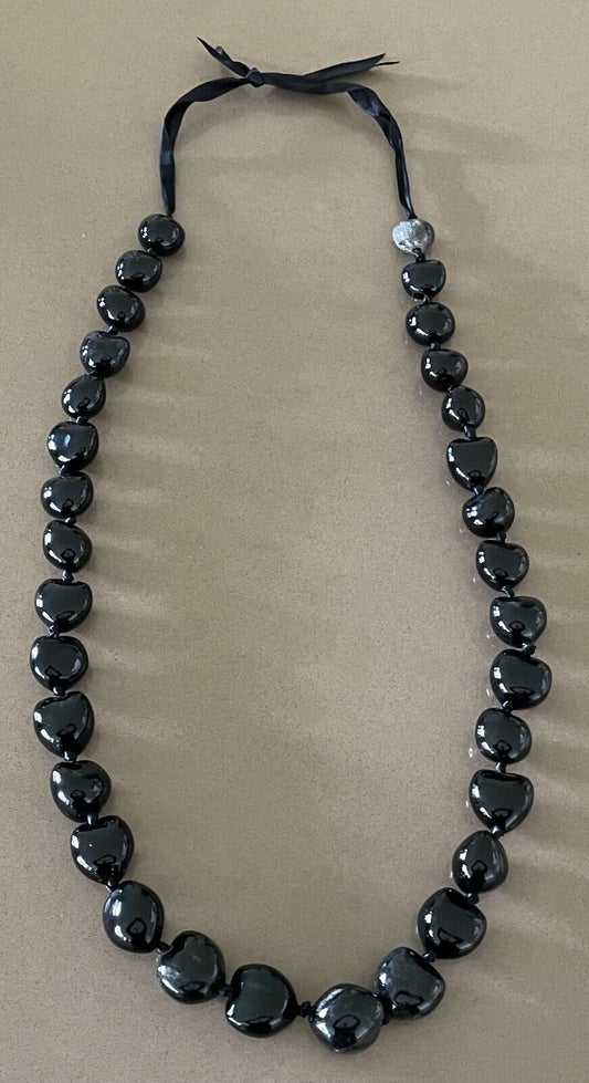 NECKLACE Black Tone Irregular Size Bead & Satin Ribbon Tie Statement