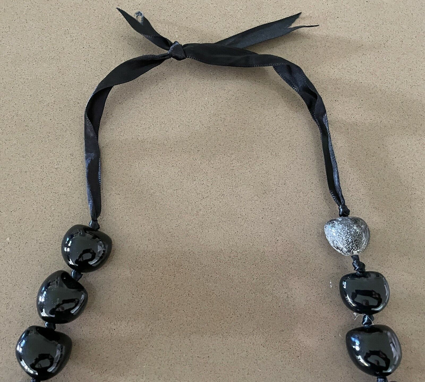 NECKLACE Black Tone Irregular Size Bead & Satin Ribbon Tie Statement