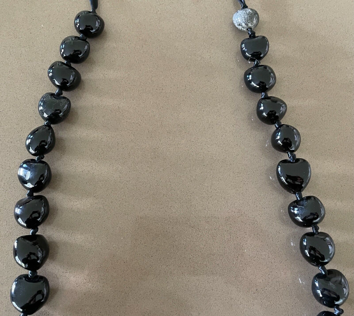 NECKLACE Black Tone Irregular Size Bead & Satin Ribbon Tie Statement