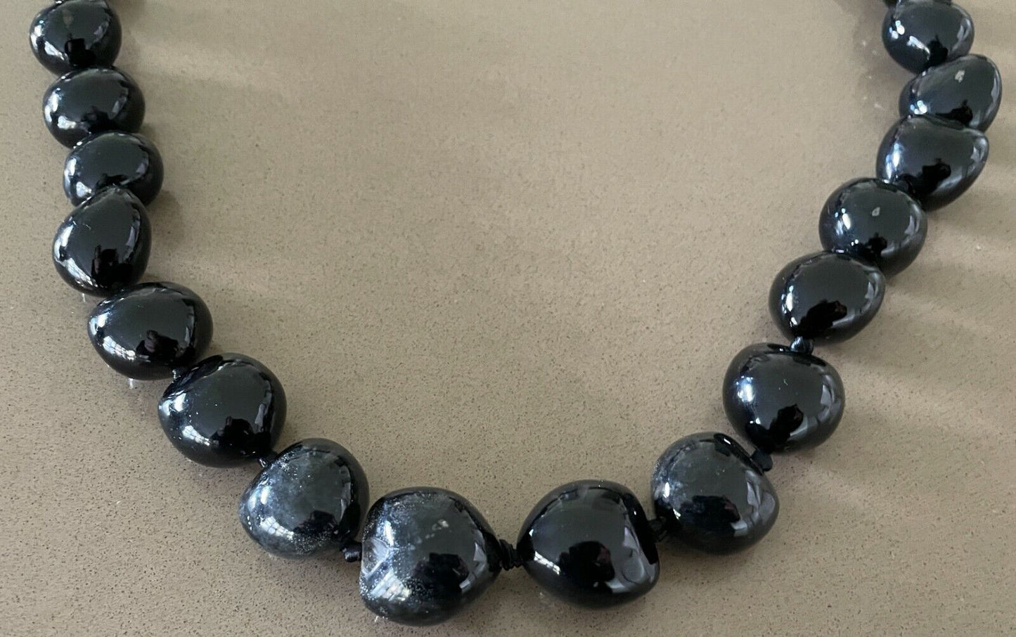 NECKLACE Black Tone Irregular Size Bead & Satin Ribbon Tie Statement