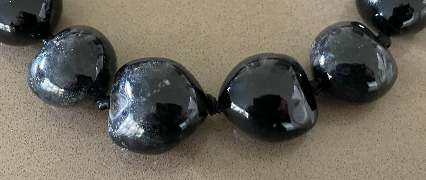 NECKLACE Black Tone Irregular Size Bead & Satin Ribbon Tie Statement