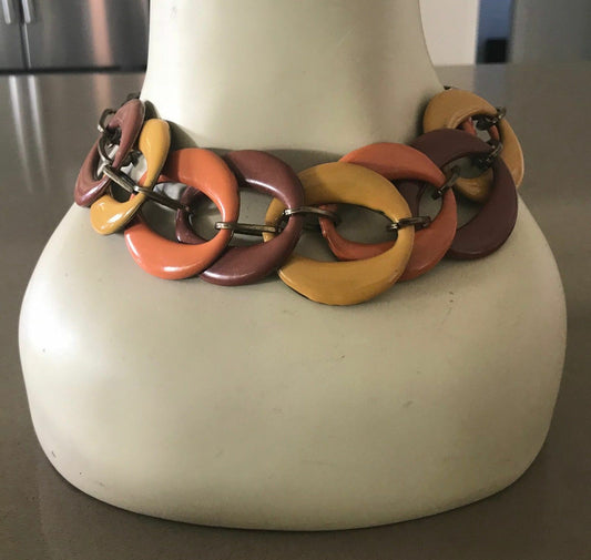 NECKLACE Vintage Brown Mustard Orange "O" Shape Enamel Brass Link Adjustable NEW