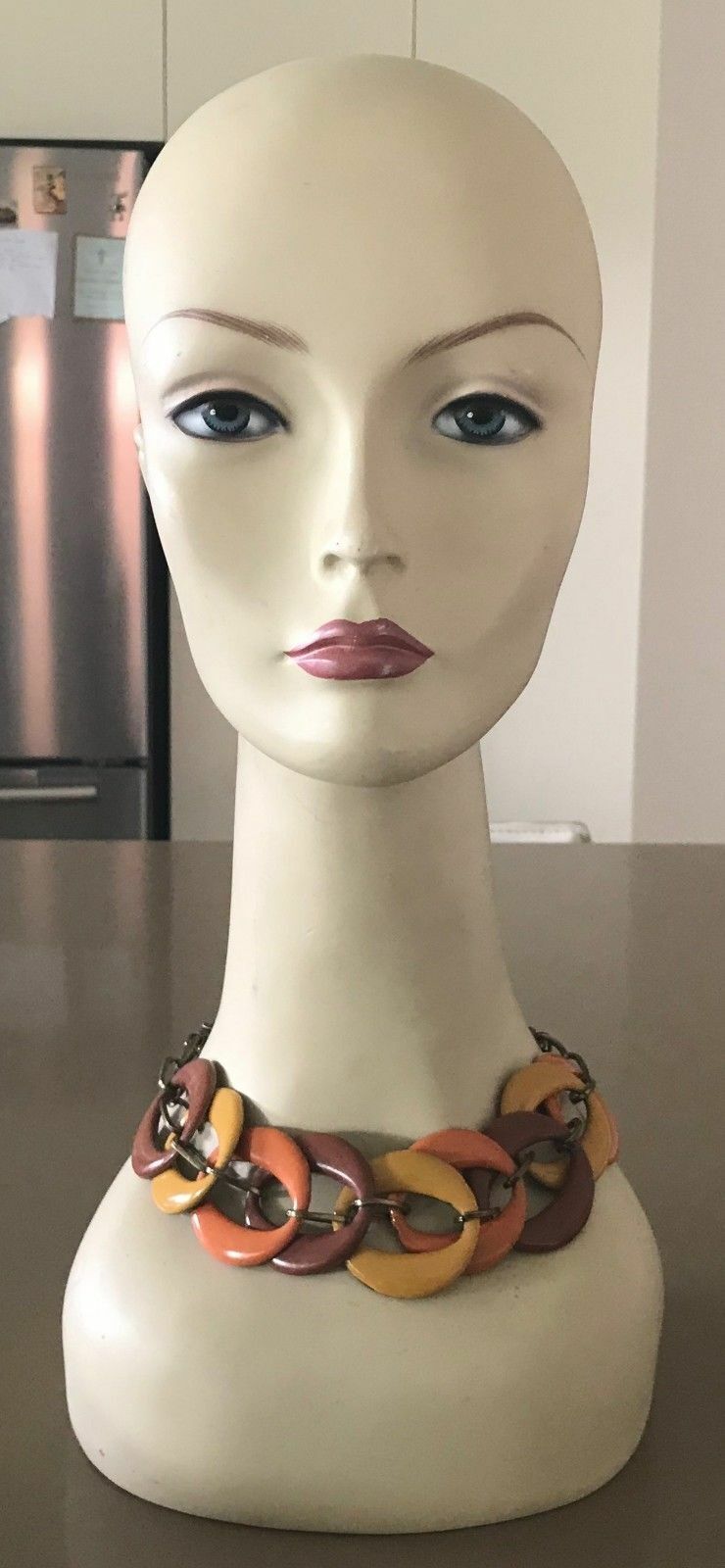 NECKLACE Vintage Brown Mustard Orange "O" Shape Enamel Brass Link Adjustable NEW