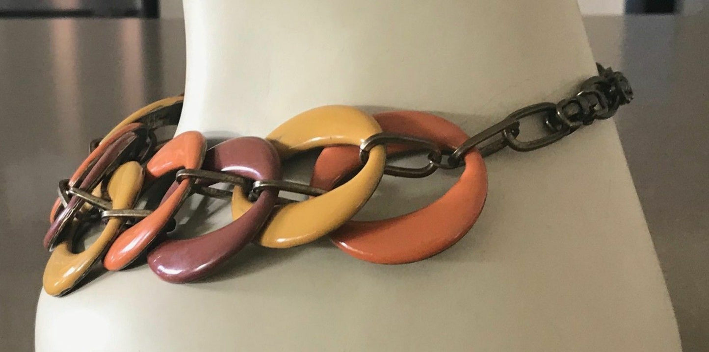 NECKLACE Vintage Brown Mustard Orange "O" Shape Enamel Brass Link Adjustable NEW