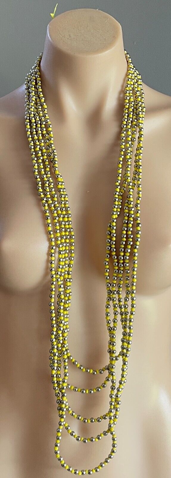 BEYOND THE BEACH Necklace Yellow & Silver Bead 5 Multi-Strand Statement  Boho
