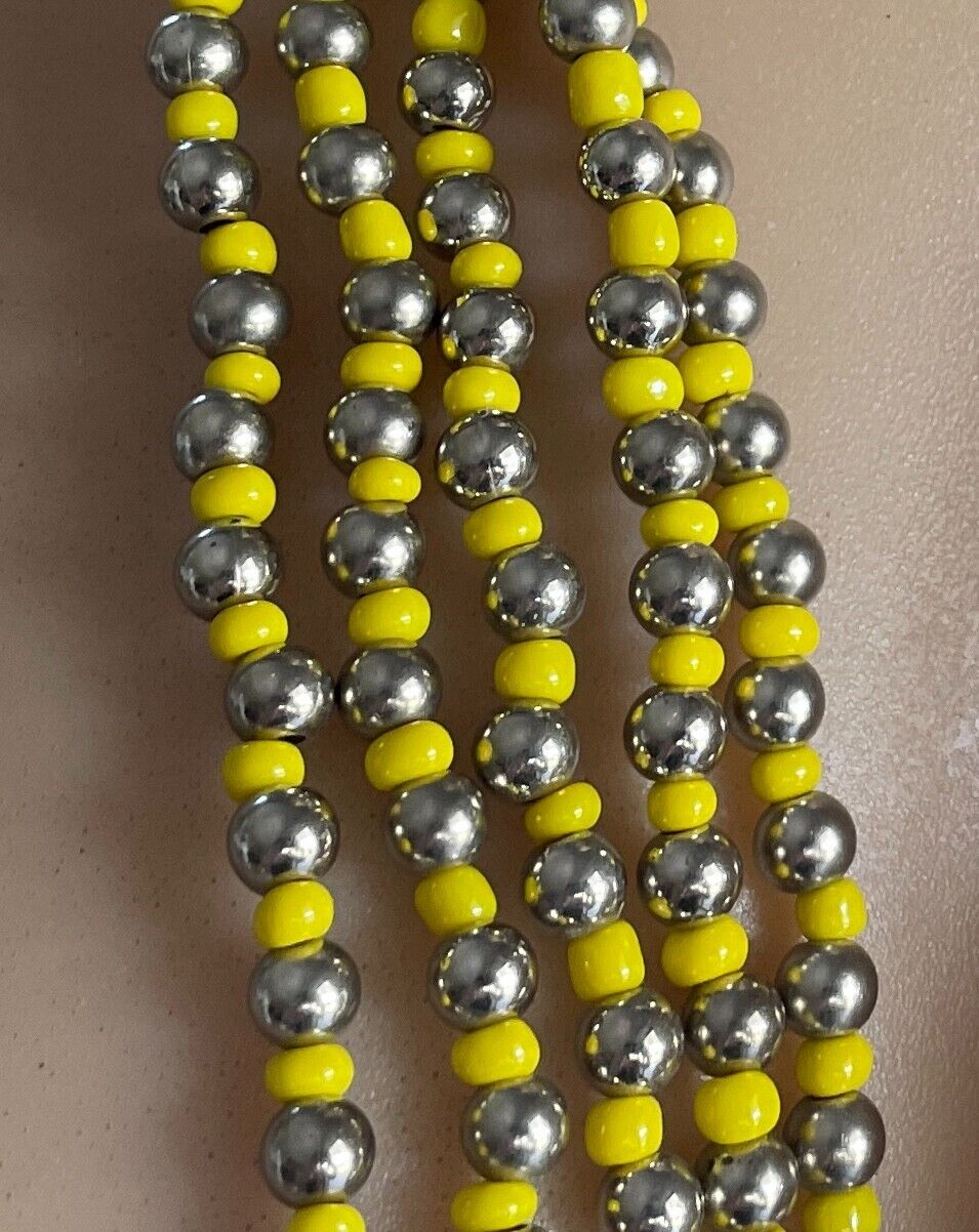 BEYOND THE BEACH Necklace Yellow & Silver Bead 5 Multi-Strand Statement  Boho
