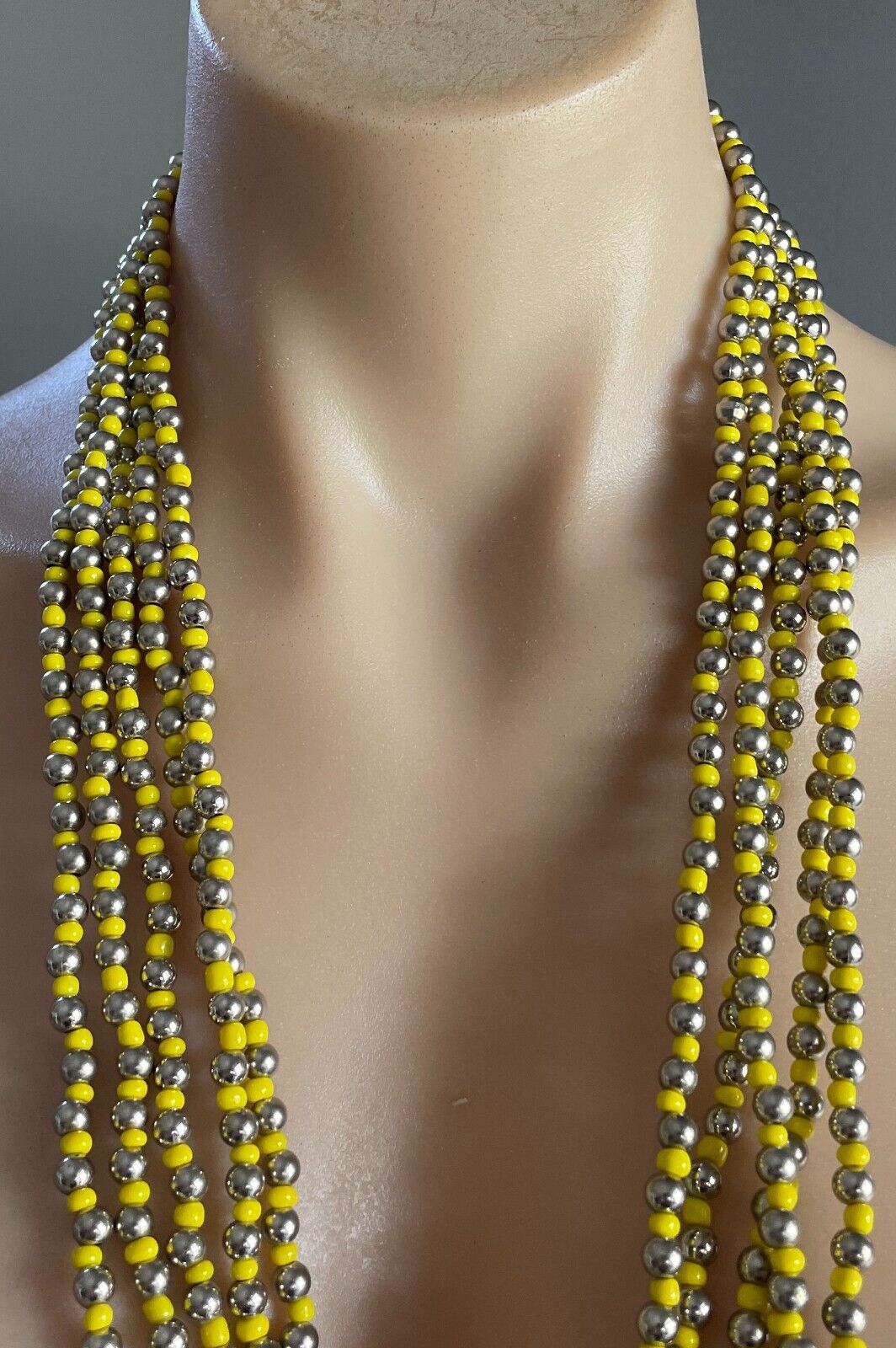 BEYOND THE BEACH Necklace Yellow & Silver Bead 5 Multi-Strand Statement  Boho