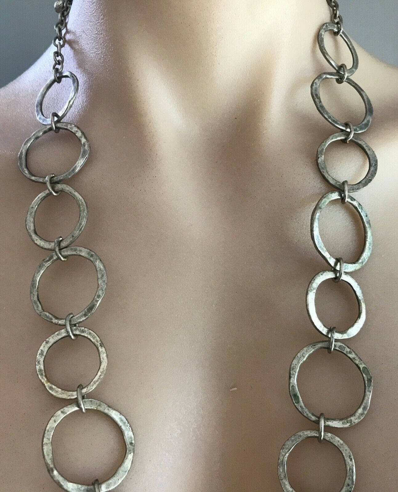 NECKLACE or BELT Unique Beaten Silver Tone Hollow Metal Circle Fashion Vintage
