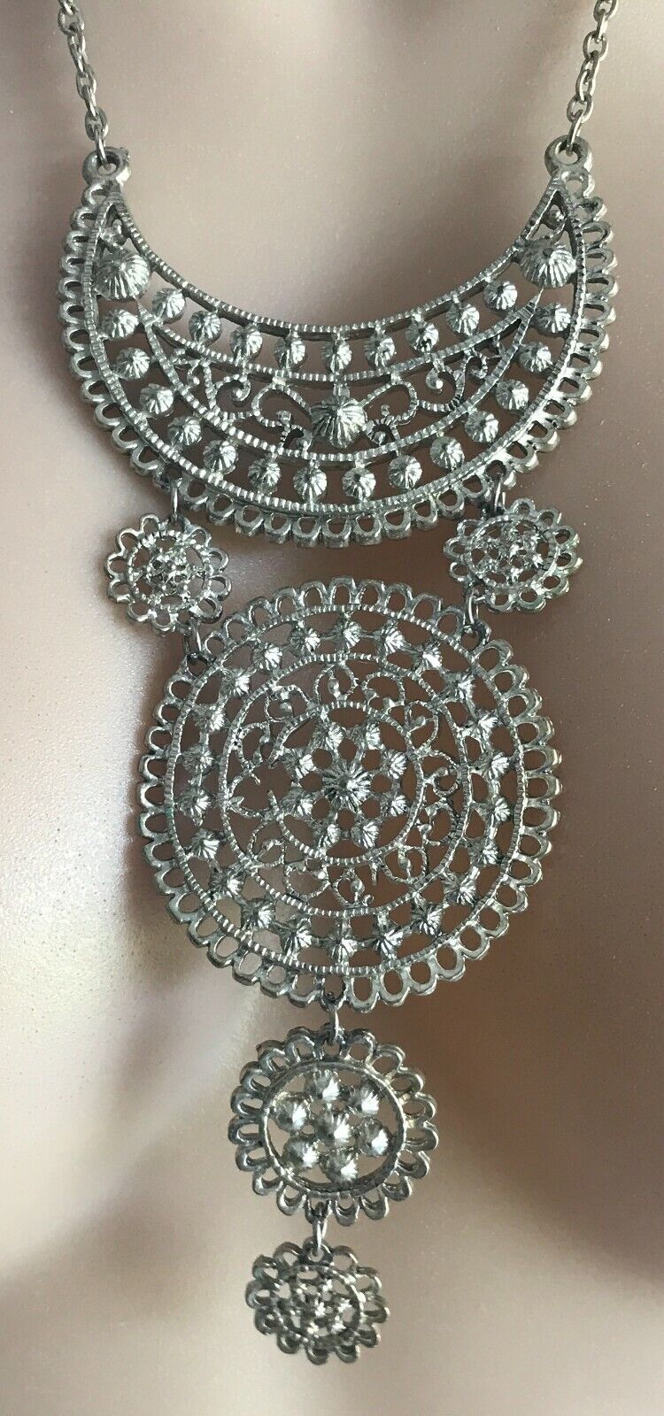 NECKLACE Silver Tone Half Moon & Circle Intricate Design Fashion Statement