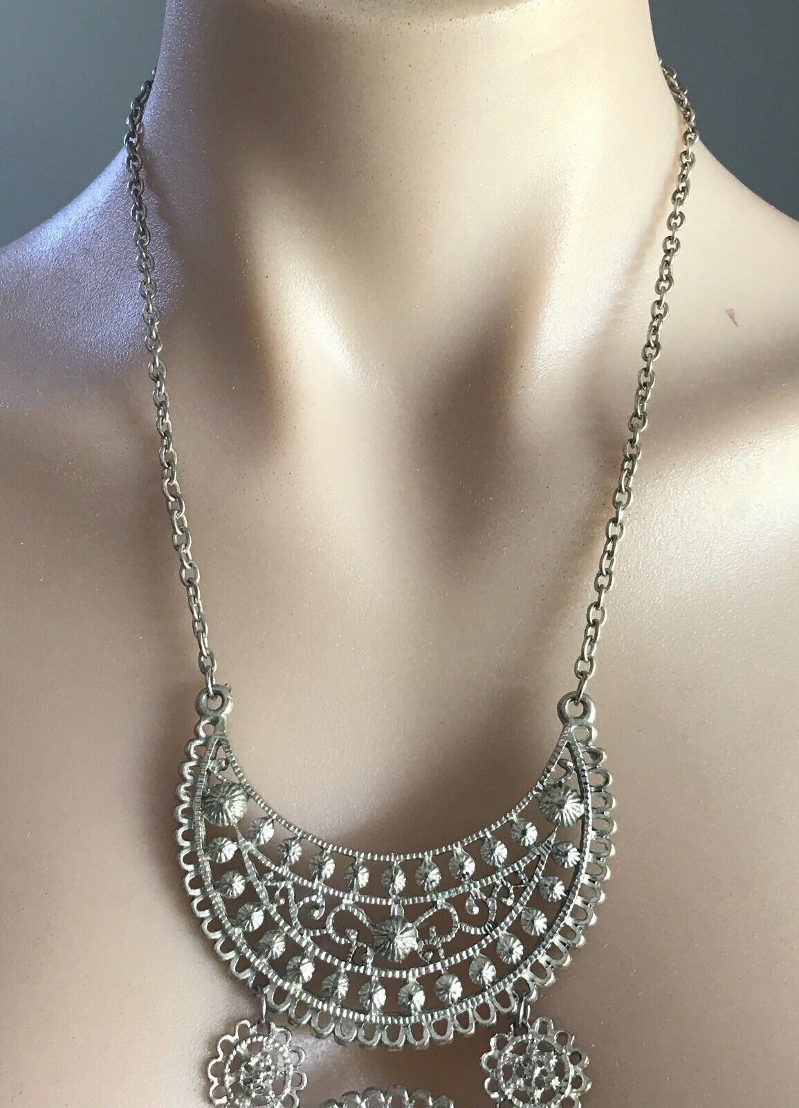 NECKLACE Silver Tone Half Moon & Circle Intricate Design Fashion Statement