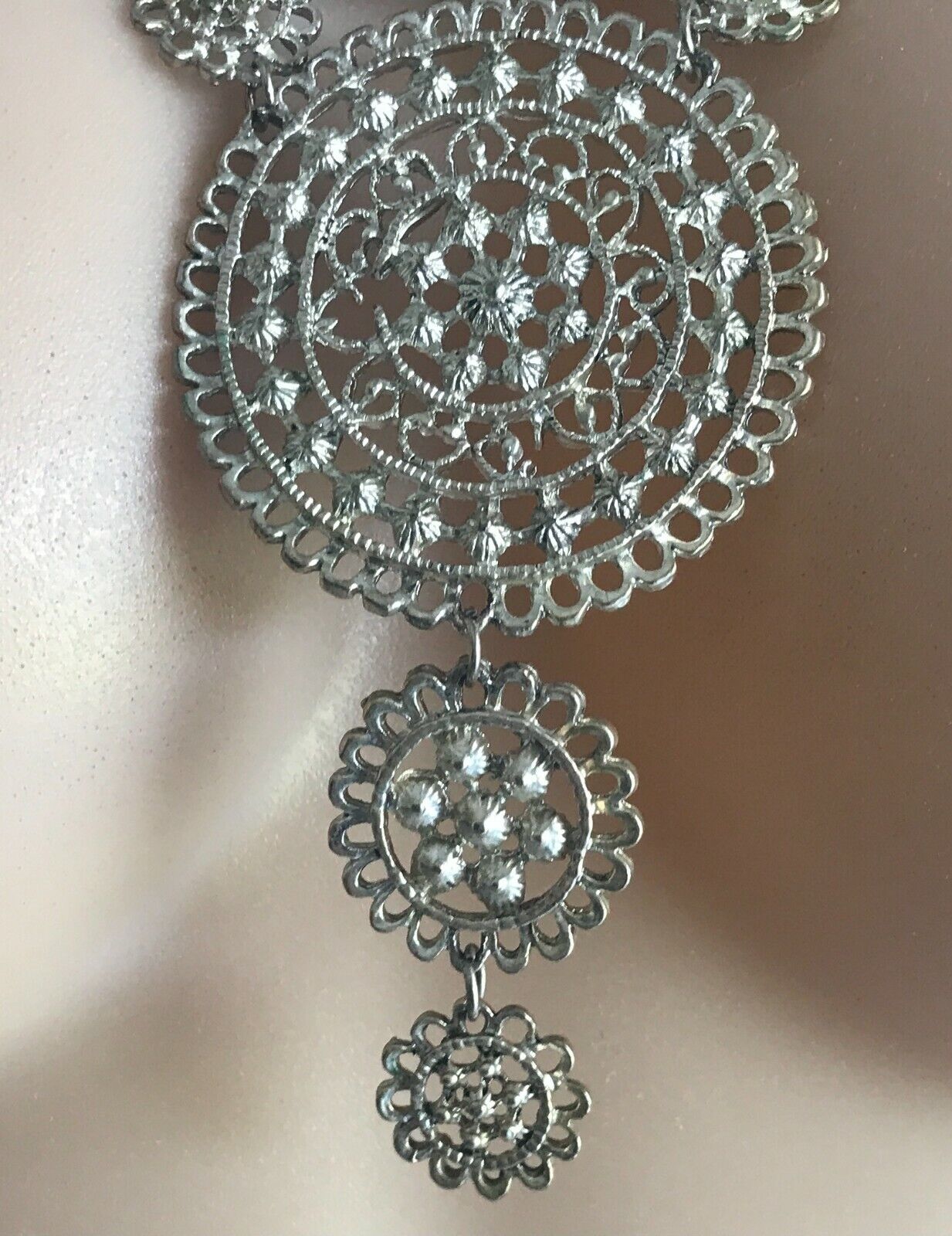 NECKLACE Silver Tone Half Moon & Circle Intricate Design Fashion Statement