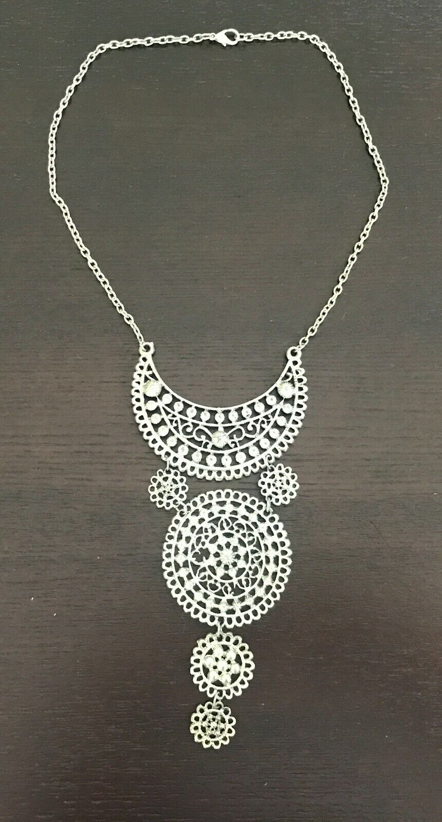 NECKLACE Silver Tone Half Moon & Circle Intricate Design Fashion Statement