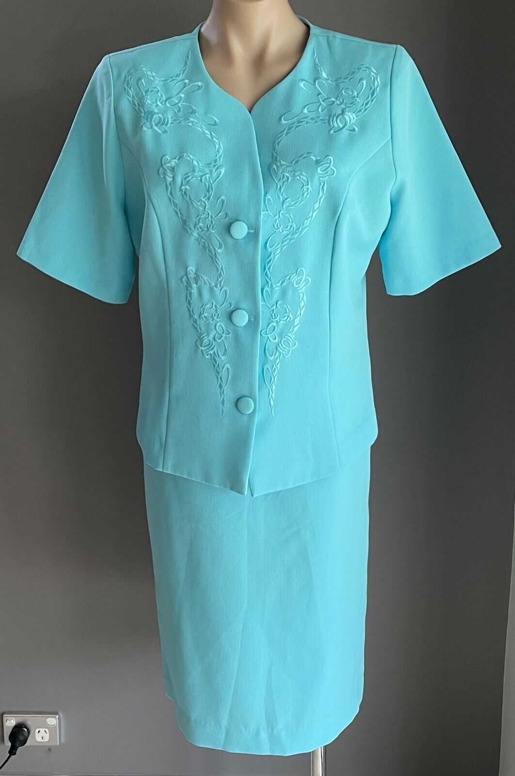 PROMENADE CLOTHING 2 Piece Jacket & Skirt Light Blue Set Size 16 1980's Vintage