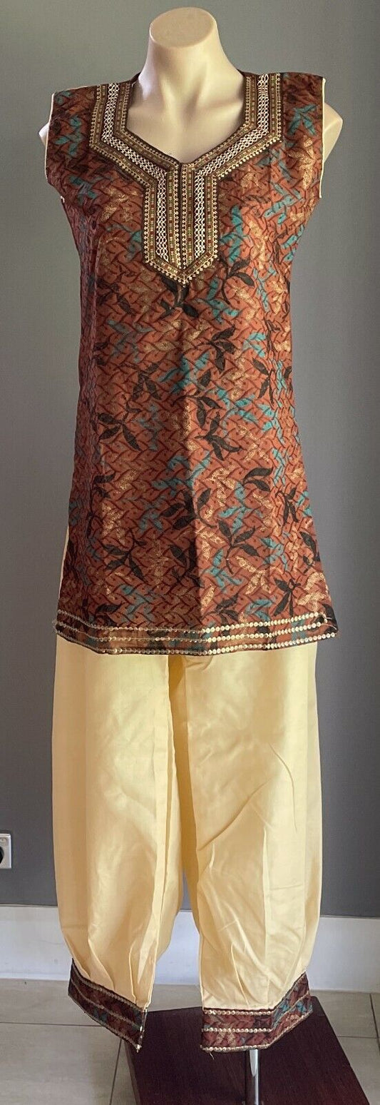KURTA SET Sleeveless Top Sz 10 & Cropped Pants Sz 18 Brown Yellow Colours NEW