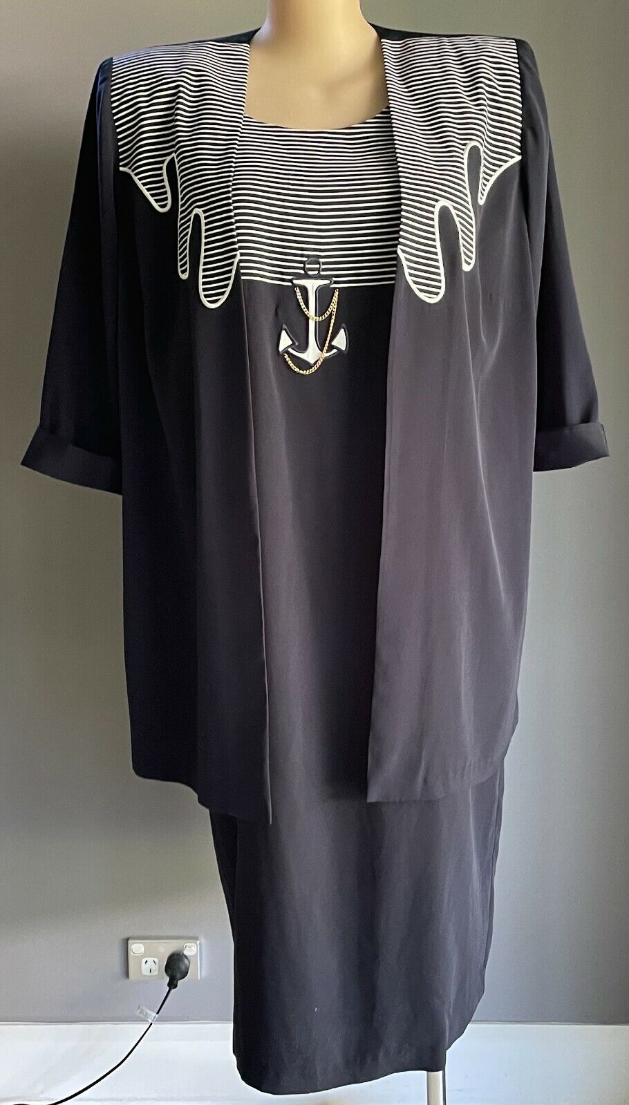 CHANTELLE BY ARC Dress Jacket Suit Navy & White 2 Piece Shift Set Size 20 1980s