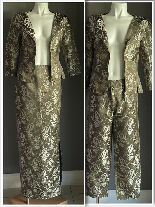 GEORGE GROSS 3 Piece Suit Brocade Khaki Jacket 8 Pants 10 Skirt 8 Vintage 1980's