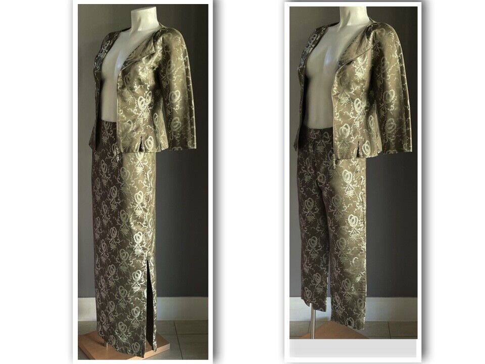 GEORGE GROSS 3 Piece Suit Brocade Khaki Jacket 8 Pants 10 Skirt 8 Vintage 1980's