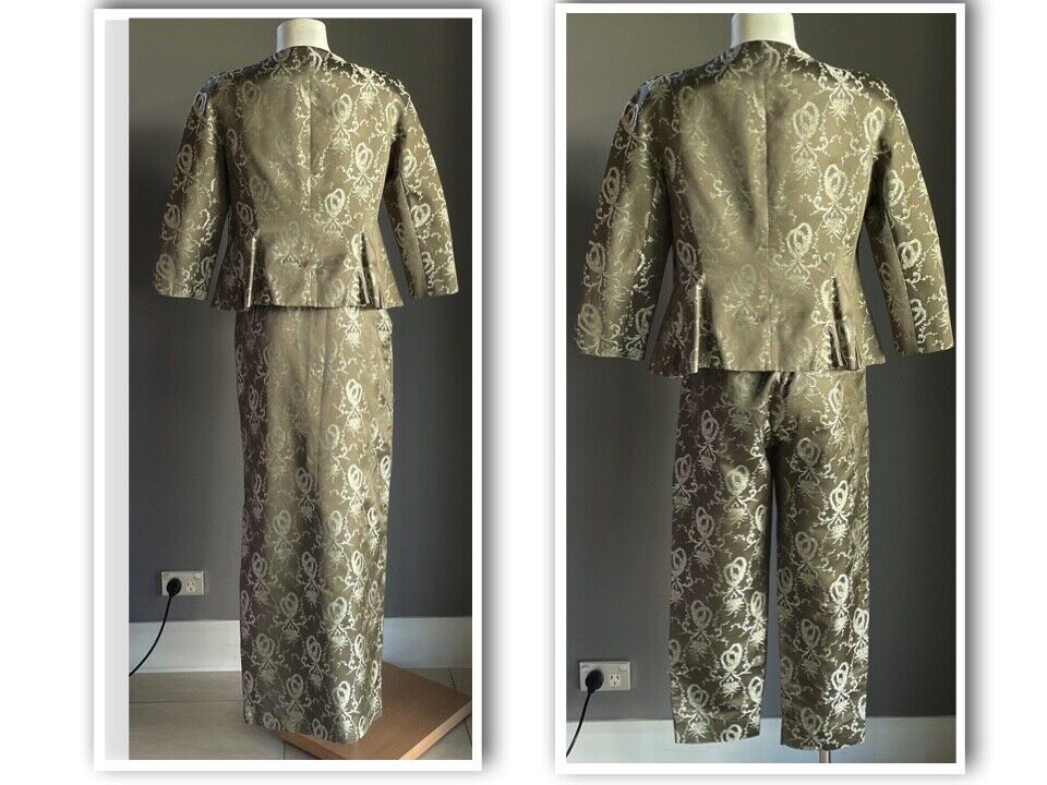 GEORGE GROSS 3 Piece Suit Brocade Khaki Jacket 8 Pants 10 Skirt 8 Vintage 1980's