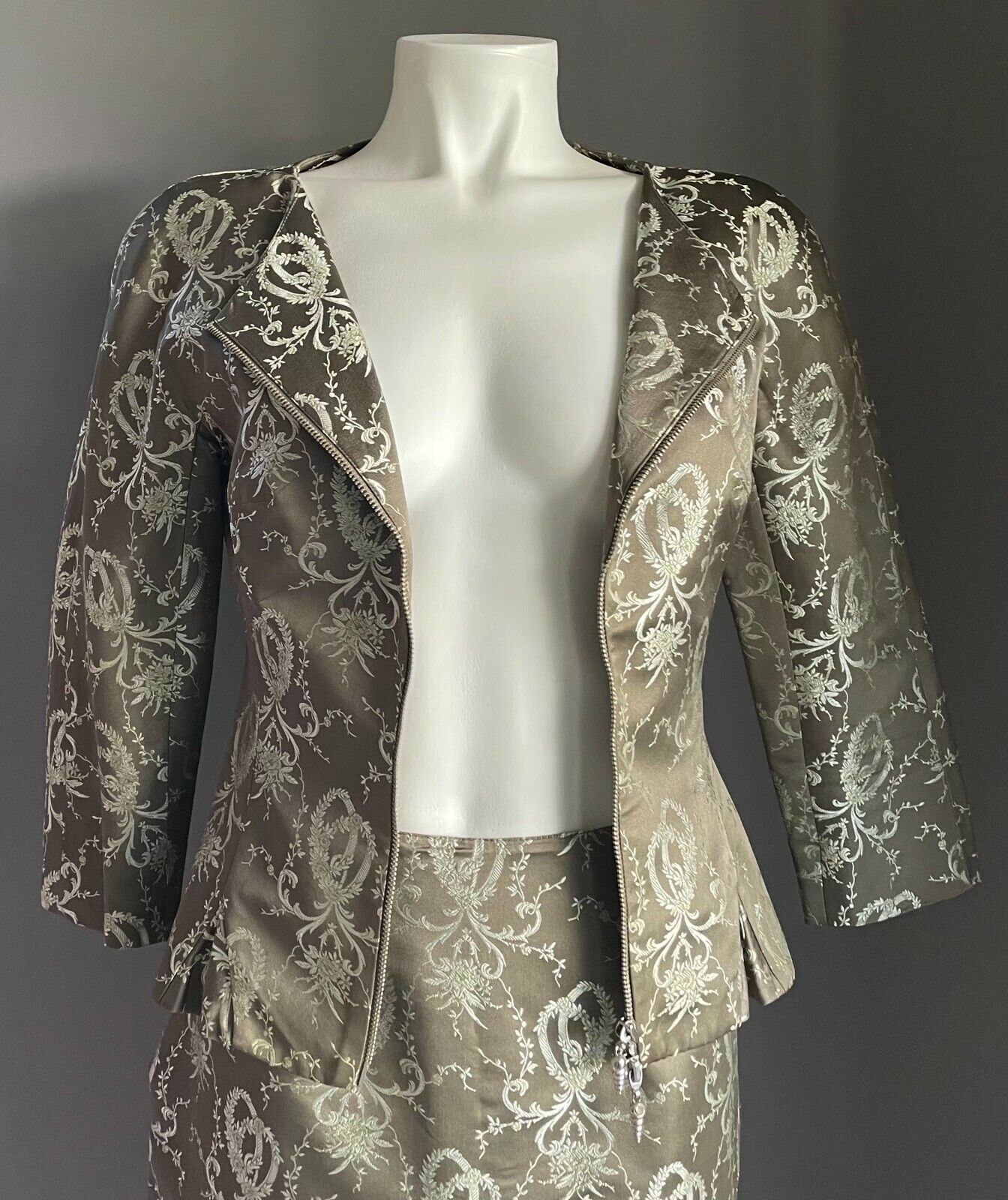 GEORGE GROSS 3 Piece Suit Brocade Khaki Jacket 8 Pants 10 Skirt 8 Vintage 1980's