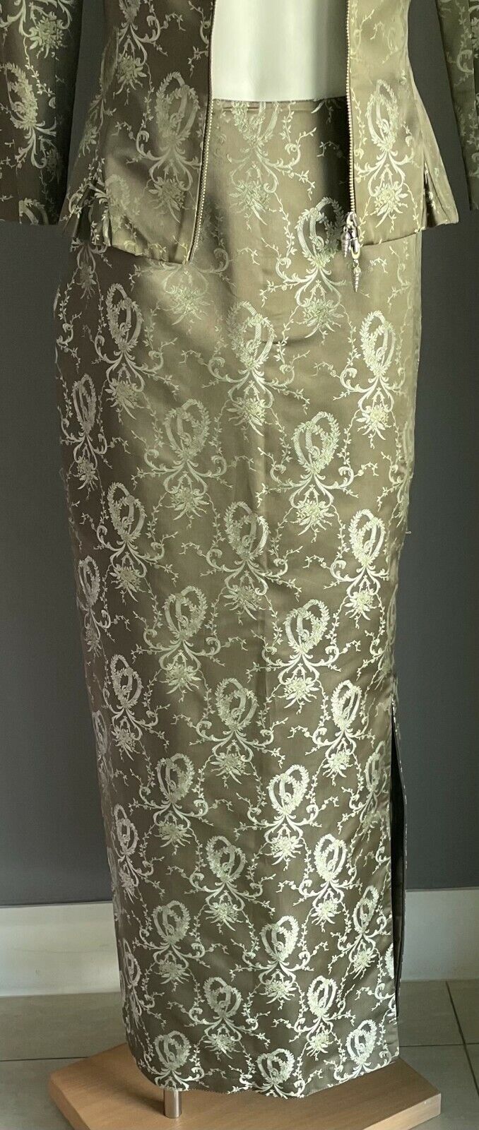 GEORGE GROSS 3 Piece Suit Brocade Khaki Jacket 8 Pants 10 Skirt 8 Vintage 1980's