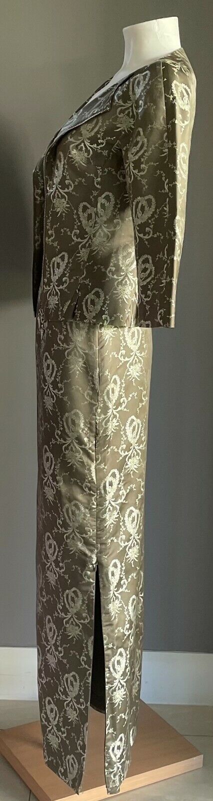 GEORGE GROSS 3 Piece Suit Brocade Khaki Jacket 8 Pants 10 Skirt 8 Vintage 1980's