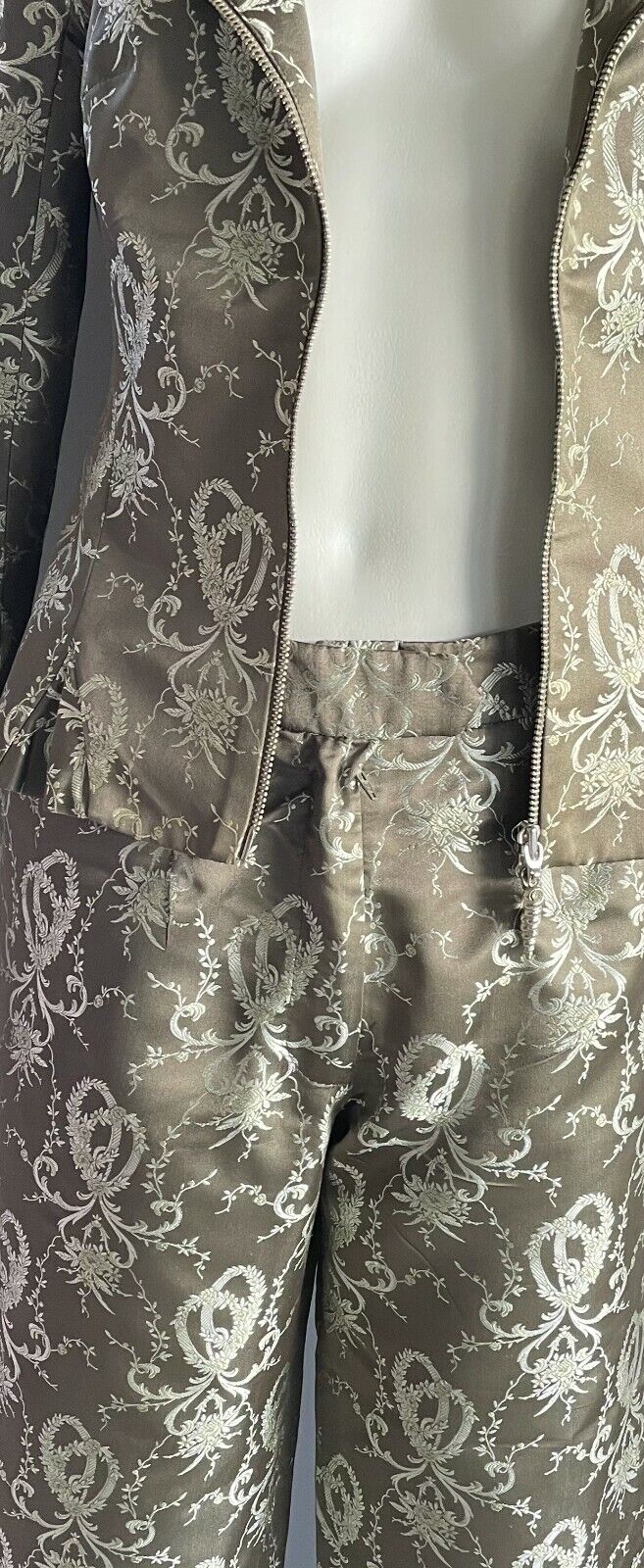 GEORGE GROSS 3 Piece Suit Brocade Khaki Jacket 8 Pants 10 Skirt 8 Vintage 1980's