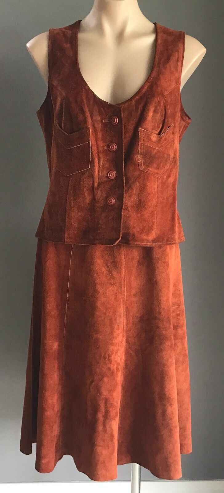 Vintage Tan SUEDE & LEATHERCRAFT Waistcoat & Skirt SizeSuit Sleeveless Vest 14