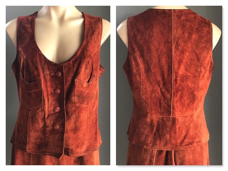 Vintage Tan SUEDE & LEATHERCRAFT Waistcoat & Skirt SizeSuit Sleeveless Vest 14