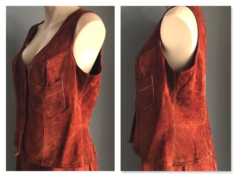 Vintage Tan SUEDE & LEATHERCRAFT Waistcoat & Skirt SizeSuit Sleeveless Vest 14
