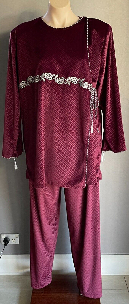 Pant Suit 2 Piece Burgundy Maroon Velour 3D Diamond L/Sleeve Top Pants 48 AU 18