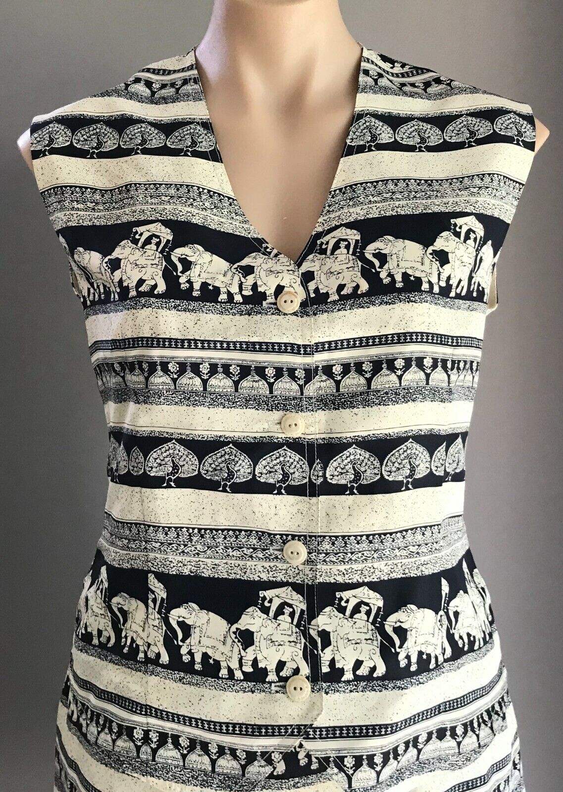 ST GERMAIN Navy Off White Elephant Print 2 Piece Set Vest & Skirt Sz 12 Vtg NEW