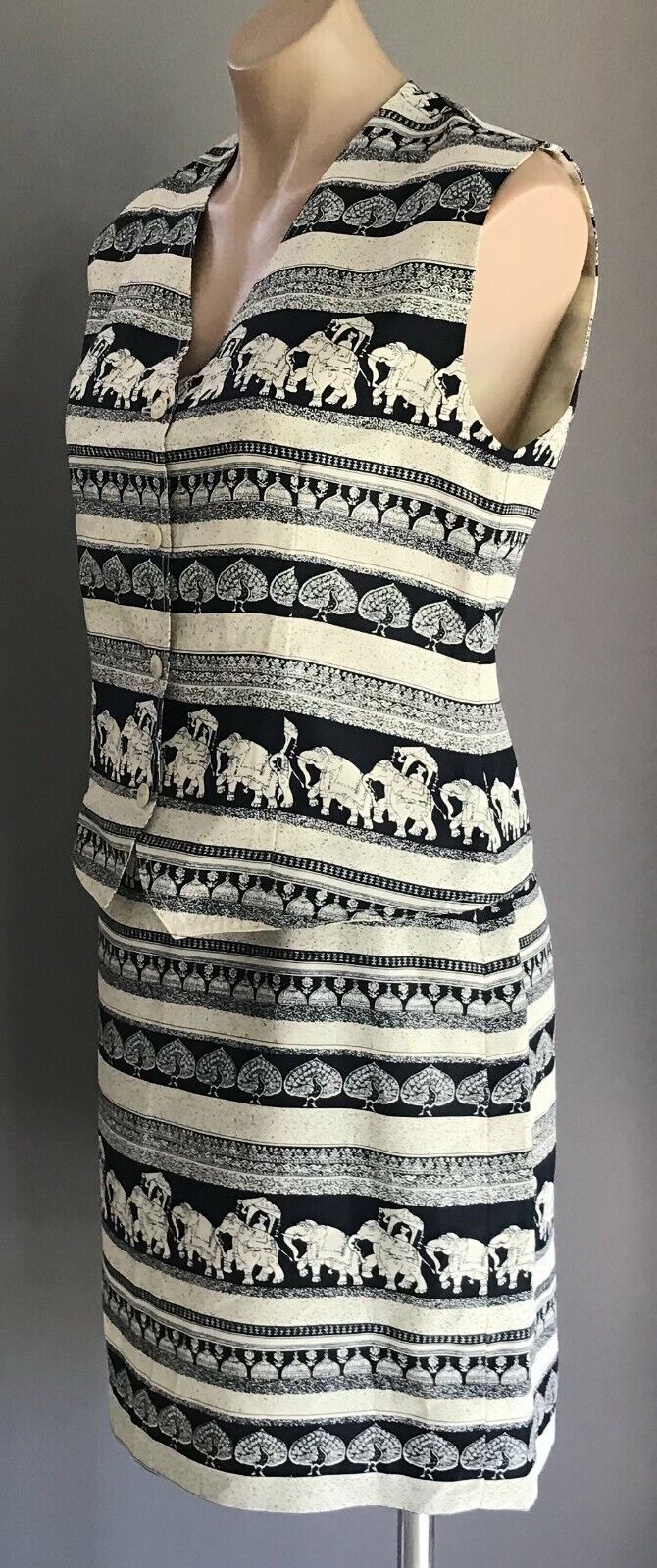 ST GERMAIN Navy Off White Elephant Print 2 Piece Set Vest & Skirt Sz 12 Vtg NEW