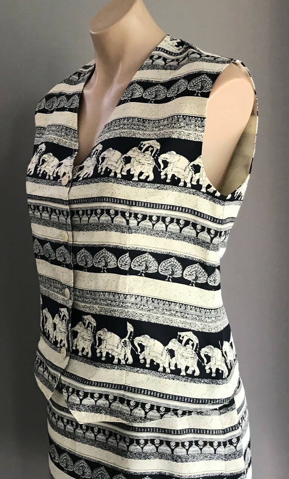 ST GERMAIN Navy Off White Elephant Print 2 Piece Set Vest & Skirt Sz 12 Vtg NEW