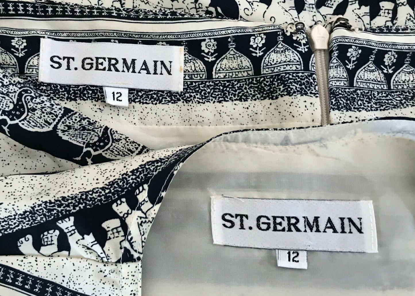ST GERMAIN Navy Off White Elephant Print 2 Piece Set Vest & Skirt Sz 12 Vtg NEW