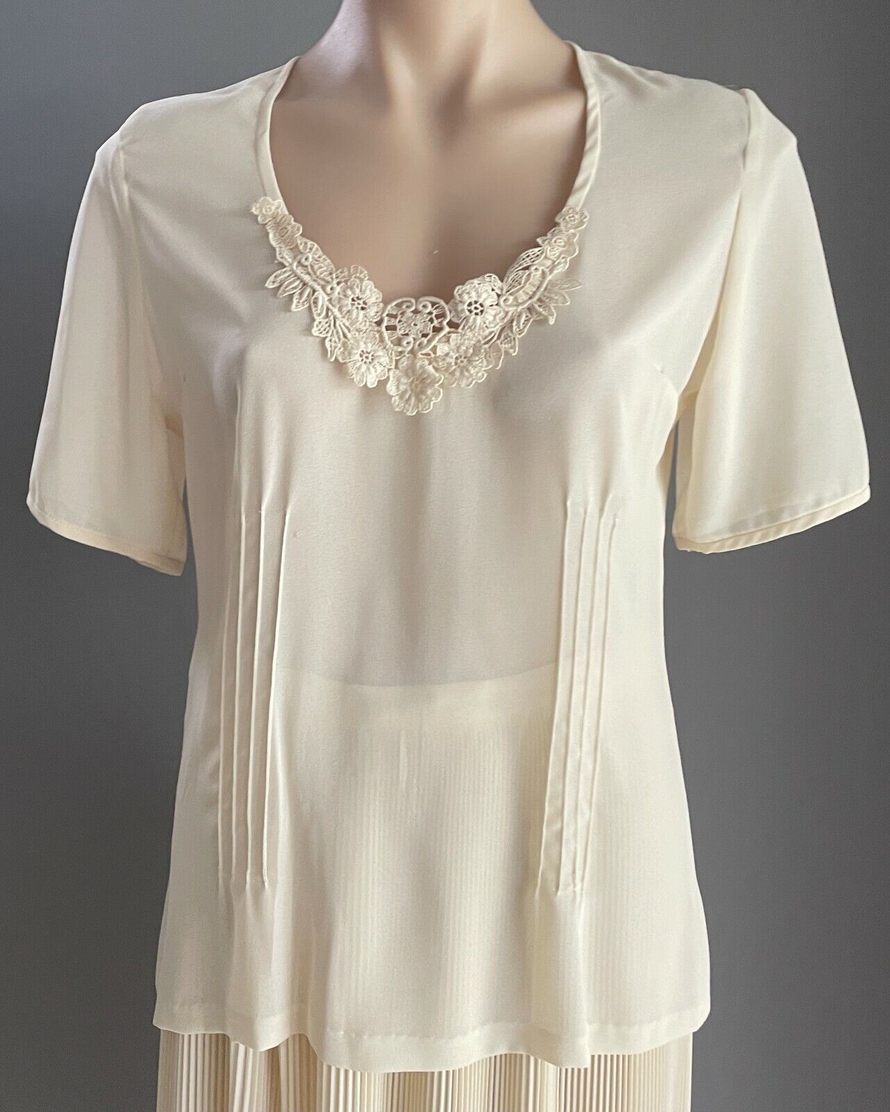 TRENT NATHAN Set Cream Lace Trim Blouse & Micro Pleat Midi Skirt Size 12 Vintage