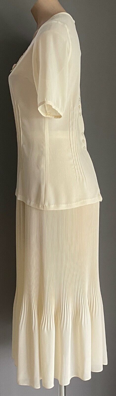 TRENT NATHAN Set Cream Lace Trim Blouse & Micro Pleat Midi Skirt Size 12 Vintage