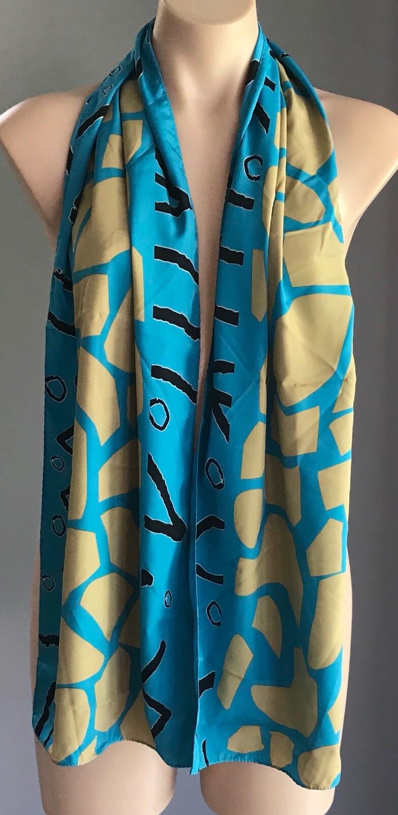 Vintage Neck Scarf Blue Gold Black White Abstract Print Rectangle Long 158x30cm