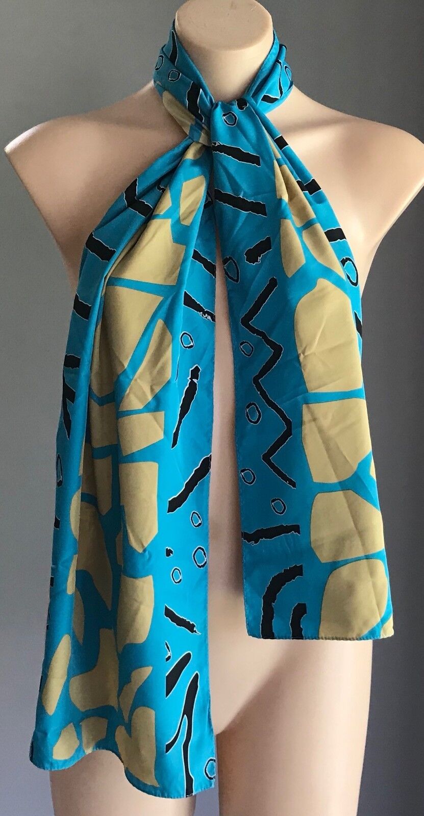 Vintage Neck Scarf Blue Gold Black White Abstract Print Rectangle Long 158x30cm