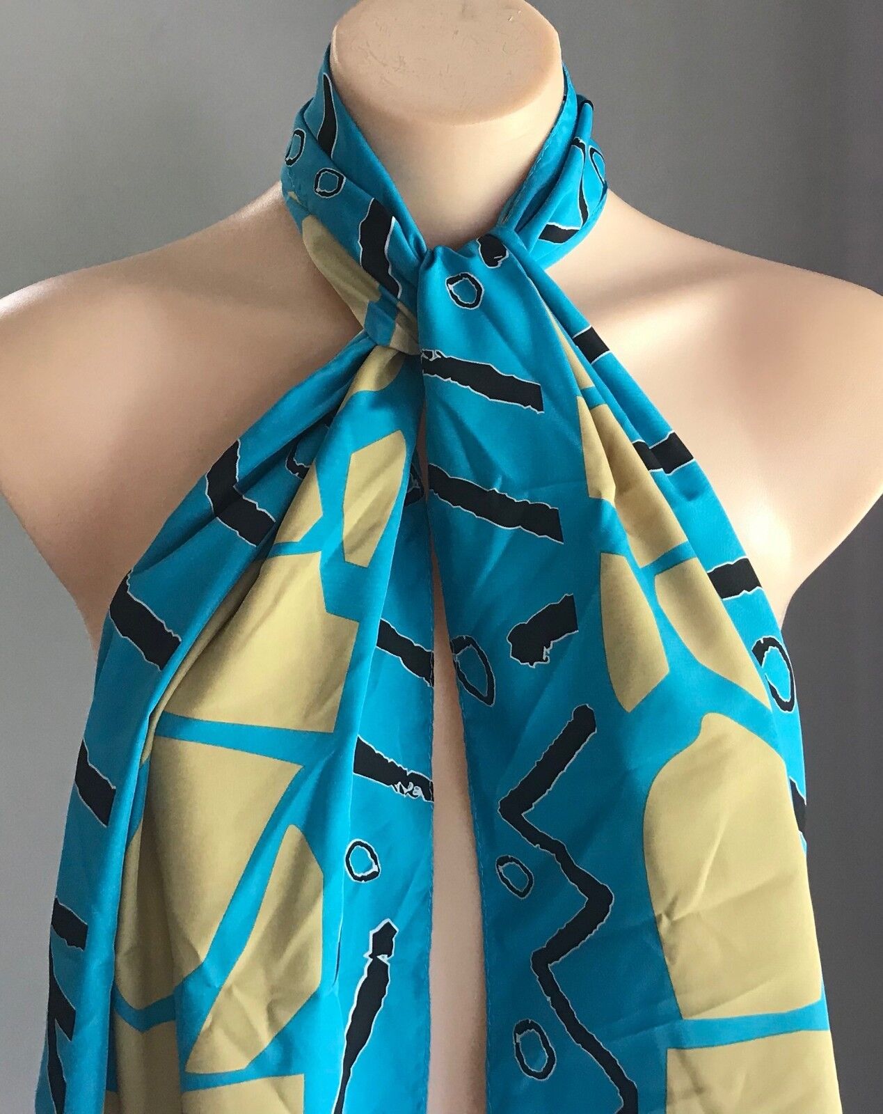 Vintage Neck Scarf Blue Gold Black White Abstract Print Rectangle Long 158x30cm